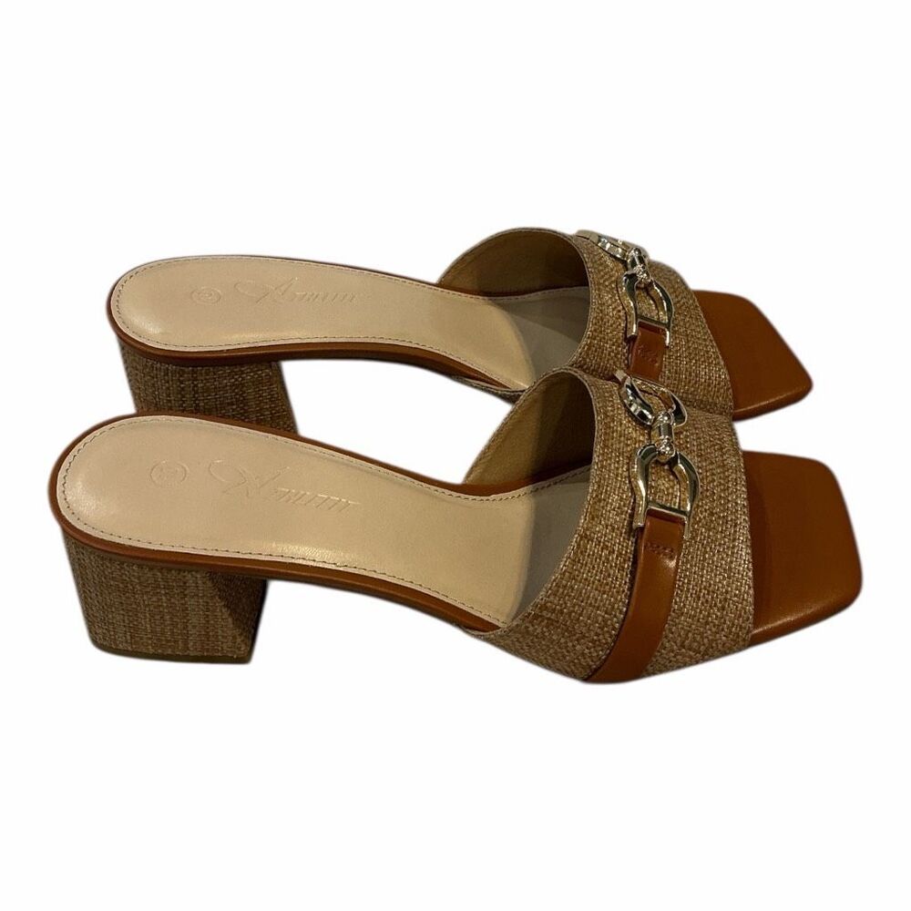 Women Raffia Heeled Sandals Square Open Toe Slip On Mules Chunky Block Heels 10